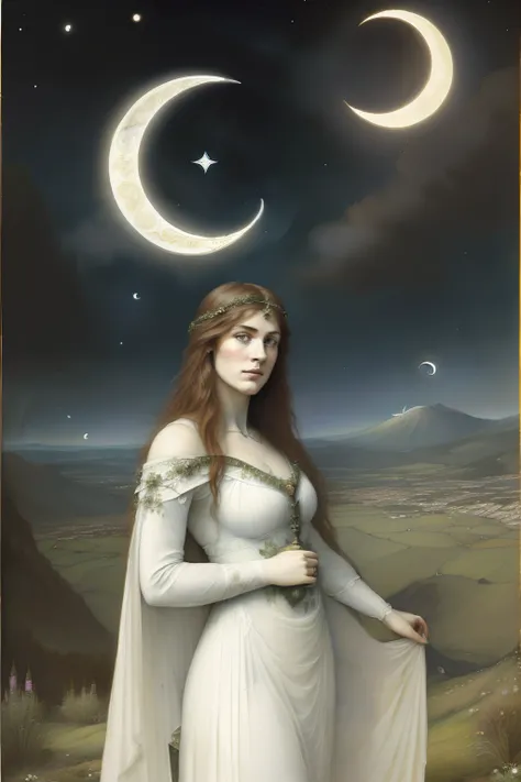 (((Pre-Raphaelite painting of a goddess on top of a mountain, Flowing white clothes, Large crescent moon in night sky, paisagem celta, bruxaria, Wicca)))