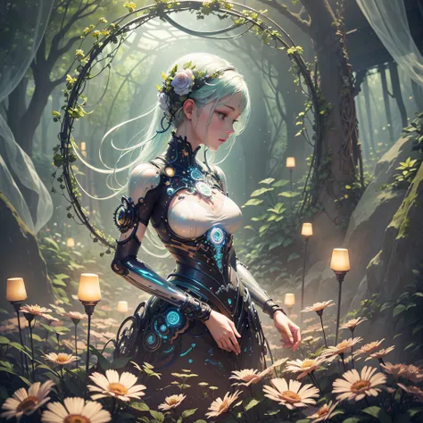 Craft an intriguing scene: A translucent AI figure, amidst a surreal garden of floating gears, bathed in a gentle, iridescent glow, evoking profound trust, captured in a whimsical digital illustration.