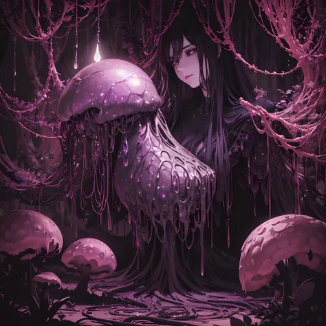 (best quality,ultra-detailed,realistic:1.37),dark,moody atmosphere,(mysterious,enchanted) cave,(eerie,ominous)cave (filled,covered) with sinister black mushrooms, vibrant red mushrooms, and mysterious red and black mushrooms, (intricately detailed,curved) ...