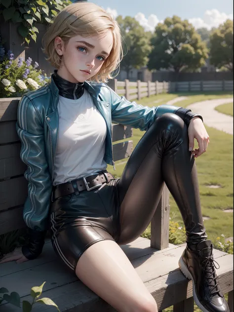 blonde teen emma watson sitting on a fence.  short hair. the tenderness of her blue eyes speaks of innocence and acceptance. freckles. leather suit, a brown belt. shiny tennis shoes.