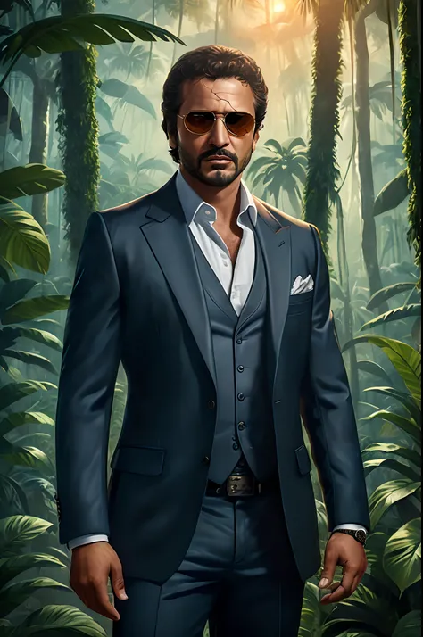 hiperrealista, Photograph of a man in a suit and sunglasses in a jungle, Epic portrait photography, epic and elegant portrait, Epic cinematic, foto detalhada da arte do jogo, Trend in the photo, Retrato de John Wick, Tony Montana, Tony Sart altamente detal...