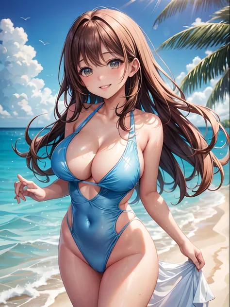 top-quality、Full limbs、complete fingers、One beautiful woman、Beautiful Large Breasts、straight haired、Brown-haired hair、Light blue competitive swimsuit、A big smile、Resorts、Maldives、Light blue water surface、sexypose、is standing