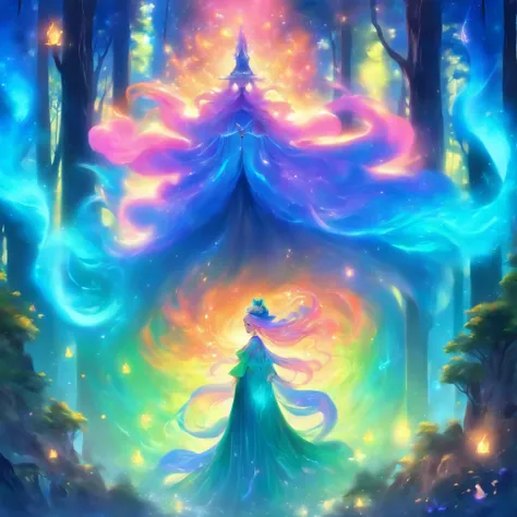 (best quality,highres,ultra-detailed),female with glowing teal eyes,rainbow colored hair,casting glowing spells,mystical forest,witch,goddess,medium:oil painting,beautiful detailed lips,dark and mysterious atmosphere,flowing gown,ethereal light,sorcery and...