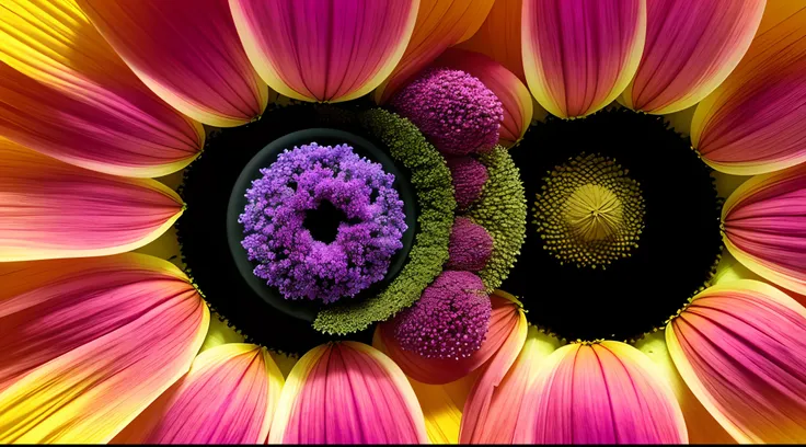 Imagine a microcamera inside a gigantic flower, camera films pollen, the multicolored petals seen from an internal angle, mostrando abaixp um imenso jardim