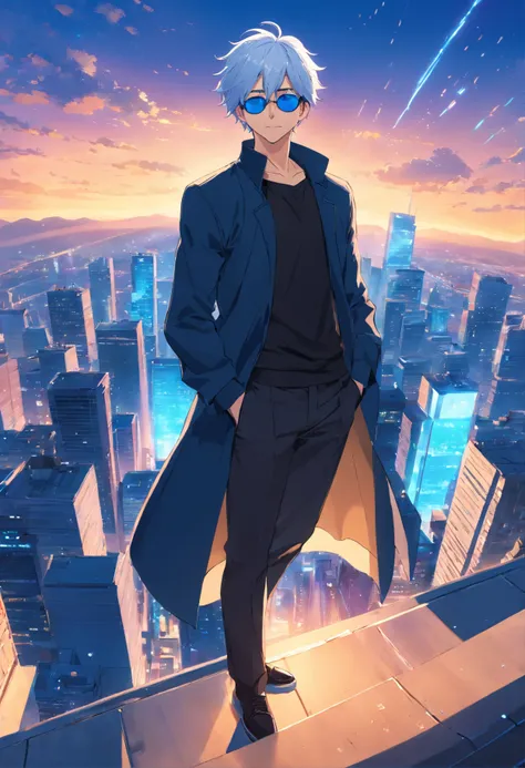 An anime man, dressed in black, Messy white hair, blue eyes, sunglasses, standing on top of a building smiling, dazzling blue light, Sparks of blue light circled the body, dynamic light effects, impressive aura, City background, full of building light,