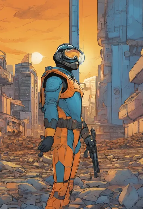 Gordon Freeman looking at a huge blue building and orbs sticking out of it, com hazard suit amarela, com por de sol em um fundo alaranjado e cidade destruida