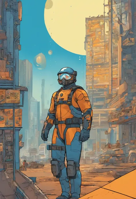 Gordon Freeman looking at a huge blue building and orbs sticking out of it, com hazard suit amarela, com por de sol em um fundo alaranjado e cidade destruida