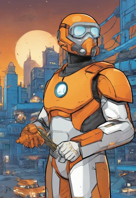 Gordon Freeman looking at a huge blue building and orbs sticking out of it, com hazard suit amarela, com por de sol em um fundo alaranjado e cidade destruida