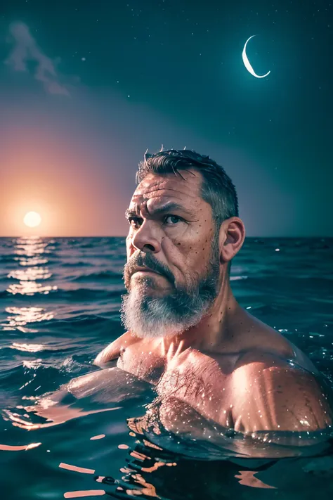 guttoepic2, professional photography style, half-body portrait of a middle-aged man with graying hair and beard, hairy chest and...