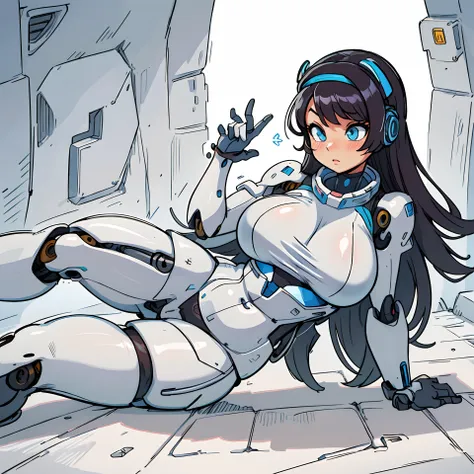 very cute, very sexy, big boobs, anime girl in a futuristic suit laying on the floor, biomechanical oppai, anime manga robot!! a...