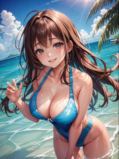 top-quality、Full limbs、complete fingers、One beautiful woman、Beautiful Large Breasts、straight haired、Brown-haired hair、Light blue competitive swimsuit、Wet texture、A big smile、Resorts、Maldives、Light blue water surface、sexypose、Dive to the surface