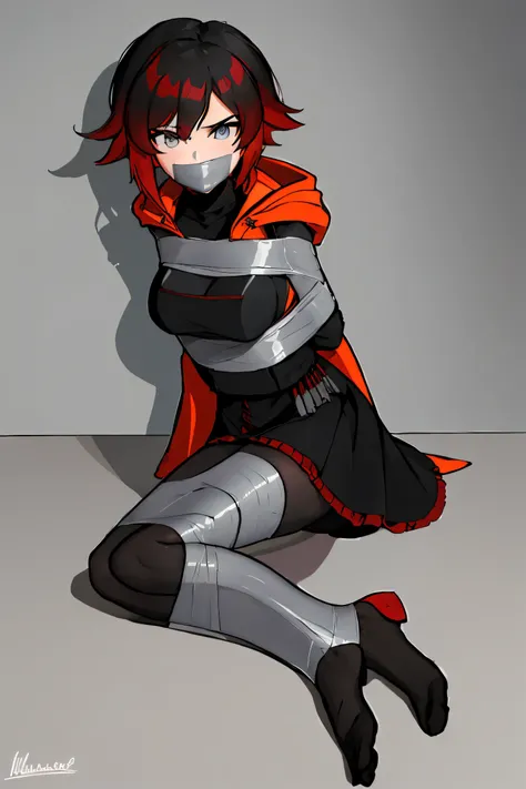 (absurdres, 8k, 4k, masterpiece, hyper extreme detailed:1.2), ((masterpiece,best quality)), absurdres, Ruby_RWBY, solo, looking at viewer, smiling, ruby rose, black dress, long sleeves, red cape, pantyhose, bound, bondage, (arms behind back:1.4), bdsm, tap...