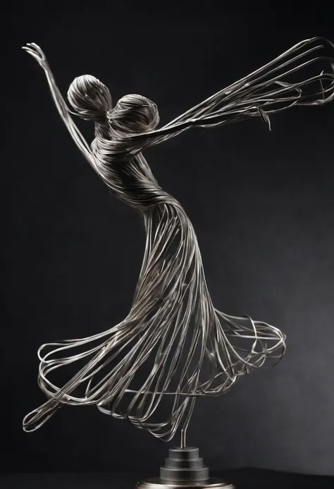 An eccentric, abstract movement sculpture of a dancing ballerina, made of metal ribbons and dynamic movements, detailed abstract, minimalism.