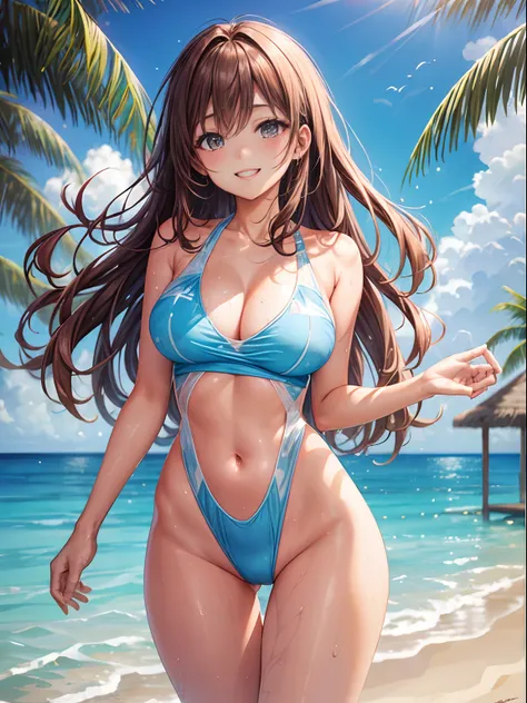 top-quality、Full limbs、complete fingers、One beautiful woman、Beautiful Large Breasts、straight haired、Brown-haired hair、Light blue competitive swimsuit、Wet texture、A big smile、Resorts、Maldives、Light blue water surface、sexypose、is standing