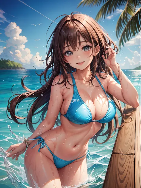 top-quality、Full limbs、complete fingers、One beautiful woman、Beautiful Large Breasts、straight haired、Brown-haired hair、Light blue competitive swimsuit、Wet texture、A big smile、Resorts、Maldives、Light blue water surface、sexypose、Frolicking at the waters edge、W...