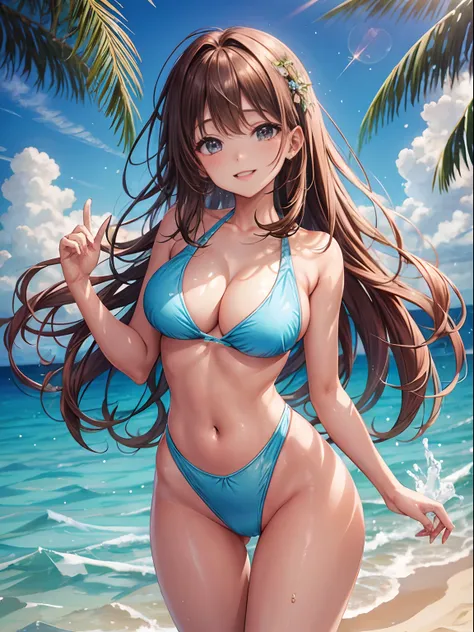 top-quality、Full limbs、complete fingers、One beautiful woman、Beautiful Large Breasts、straight haired、Brown-haired hair、Light blue competitive swimsuit、A big smile、Resorts、Maldives、Light blue water surface、sexypose、Open crotch