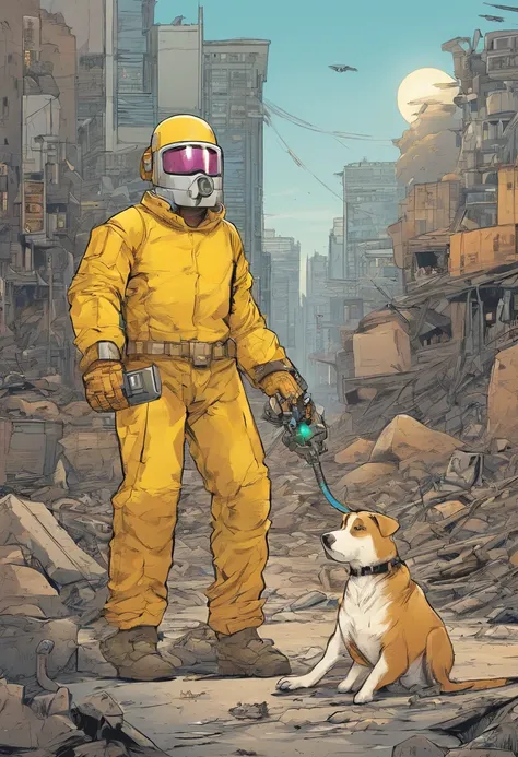 Man in yellow lead suit holding a Geiger counter with a pet robot by his side in a destroyed city, por do sol alaranjado, soldados no fundo patrulhando o local