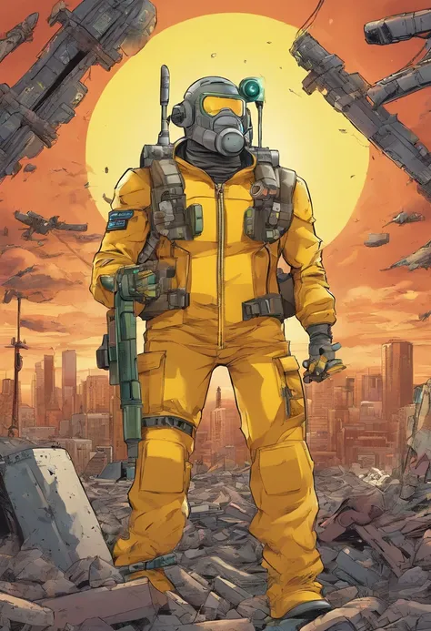 Man in yellow lead suit holding a Geiger counter with a pet robot by his side in a destroyed city, por do sol alaranjado, soldados no fundo patrulhando o local