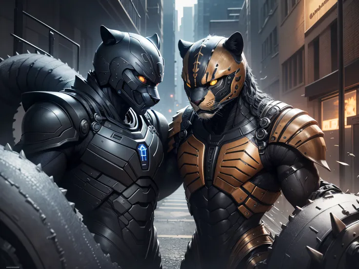 An ultra realistic poster of many small details: detailed cybernetics: nanotechnology : humanoid panther with ancient rusty arm and armor:bitumen acid rainglue: with sharp teeth and spines in hands: wrapping around the neck skuuls