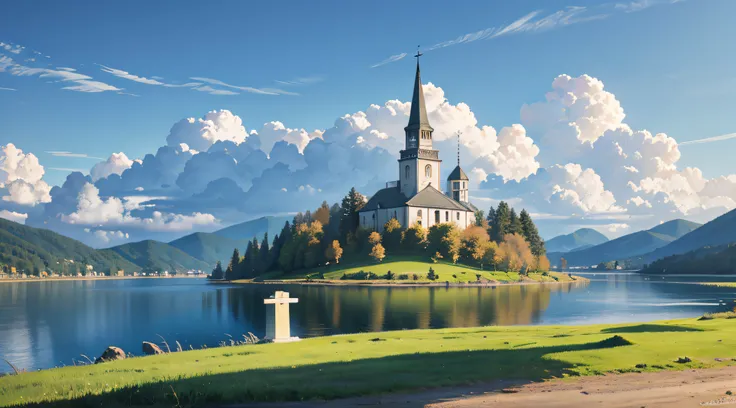 Generate a highly detailed and high-resolution image of a church and a cross in a scenic landscape with a sky filled with clouds and a serene lake. 16k