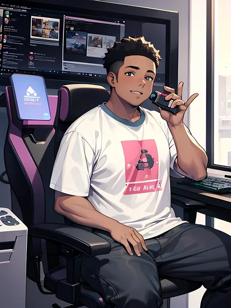 A chubby 18-year-old black man with video game control in his hand posing for profile picture