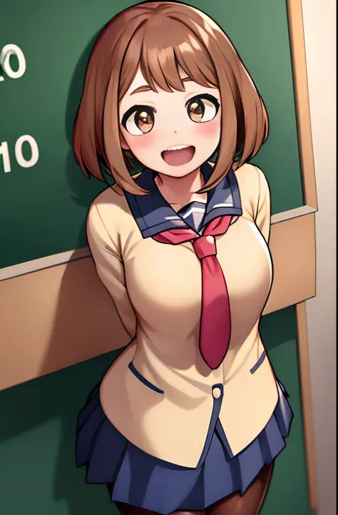 horikoshi kouhei,  1girl, :d, absurdres, arms behind back, bangs, blush, boku no hero academia, breasts, brown eyes, brown hair, fengling (furin-jp), highres, looking at viewer, medium breasts, open mouth, pantyhose, school uniform, short hair, sidelocks, ...