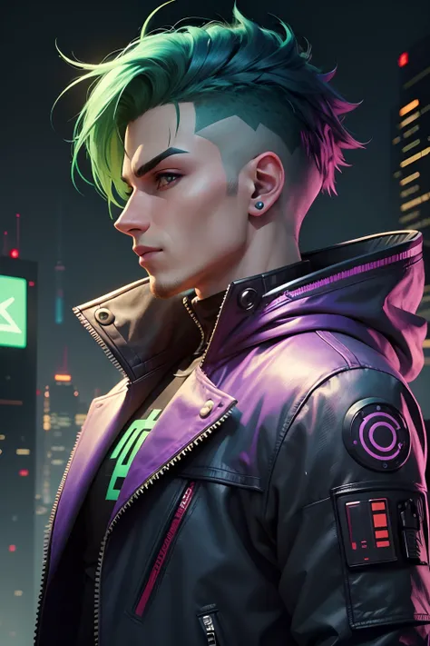 Make a happy Cyberpunk cartoon male character with smooth background for profile picture facing facing with a color palette with green