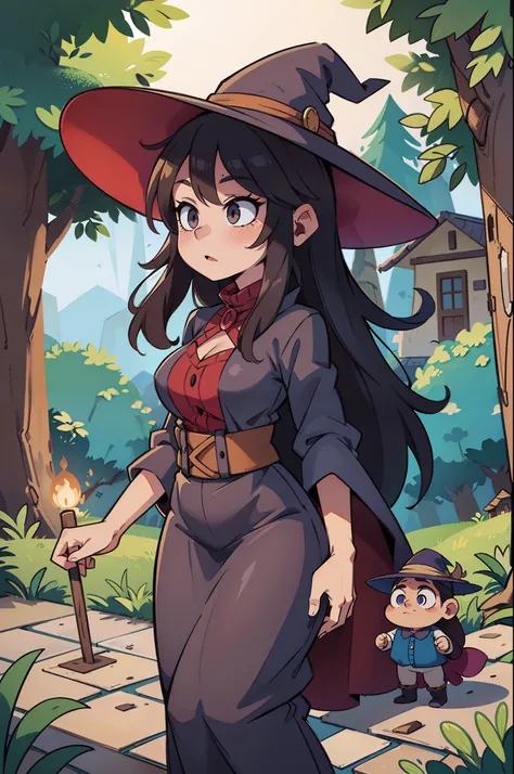 a witch with an over-sized hat by a whimsical cabin in the woods