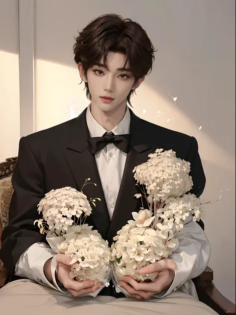 ((4K works))、​masterpiece、（top-quality)、((high-level image quality))、((One Manly Boy))、Slim body、((Man in black tuxedo))、(Detailed beautiful eyes)、((Model Magazines))、deacon、Face similar to Chaewon in Ruseraphim、((short hair above the ears))、((Smaller face...