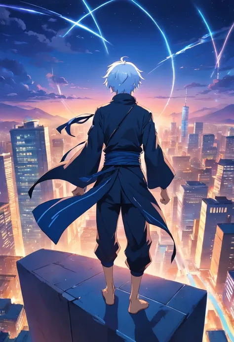 An anime man, Dressed in black Shinobi style, White hair messy in the wind, blue eyes, standing on top of a building smiling, dazzling blue light, Sparks of blue light circled the body, dynamic light effects, impressive aura, City background, midnight, ful...