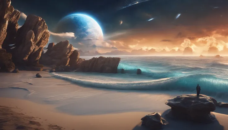 huge planet, the night, starrysky, surrealism, masutepiece, hight resolution、Impressive Milky Way:1.9、sand beach、Vast blue ocean、Blue glacier、lightning bolt:1.9、Protoplanets