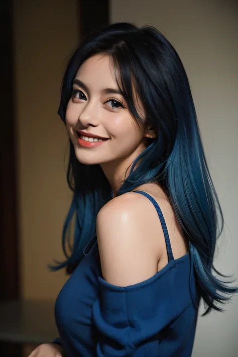 a wonderful woman smiling to camera, blue hair