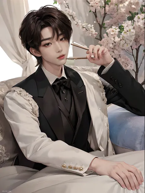 ((4K works))、​masterpiece、（top-quality)、((high-level image quality))、((One Manly Boy))、Slim body、((Man in black tuxedo))、(Detailed beautiful eyes)、((Model Magazines))、deacon、Face similar to Chaewon in Ruseraphim、((short hair above the ears))、((Smaller face...