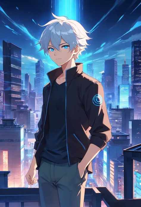 An anime man, Dressed in black modern Shinobi style, White hair messy in the wind, blue eyes, standing on top of a building smiling, dazzling blue light, Sparks of blue light circled the body, dynamic light effects, impressive aura, City background, midnig...