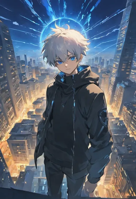 An anime man, Dressed in black modern Shinobi style, White hair messy in the wind, blue eyes, standing on top of a building smiling, dazzling blue light, Sparks of blue light circled the body, dynamic light effects, impressive aura, City background, midnig...