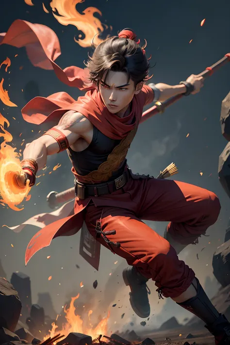 A handsome teenager，Wear a red bandana，red attire，Equipped with a fire-tipped gun，Pedal fire wheels。His fiery spear is capable of spitting flames，The fire wheel allowed him to move and fly quickly，Chinese mythological figures，The Third Prince of Nezha，火焰，t...