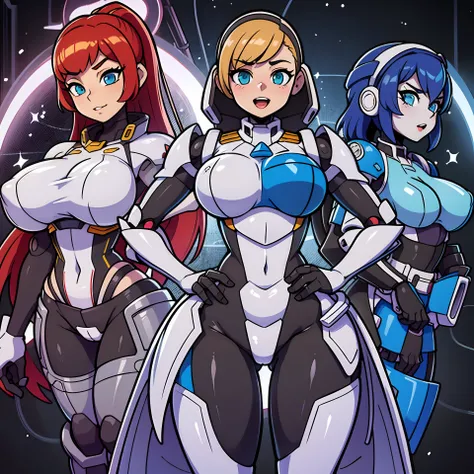 cute, sexy robots, anime characters in a line with a star background, cushart krenz key art feminine, kda, android heroine, girl in mecha cyber armor, character splash art, official character art, cyarine, gainax anime style, knights of zodiac girl, sigma ...