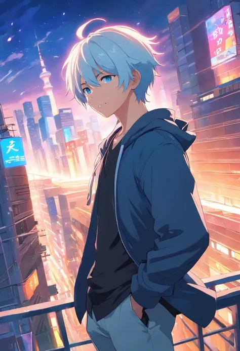 An anime man, Dressed in black modern Shinobi style, White hair messy in the wind, blue eyes, standing on top of a building smiling, dazzling blue light, Sparks of blue light circled the body, dynamic light effects, The energy in the body is overflowing, i...