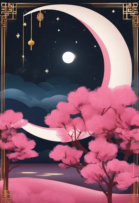 Moon，Moon icon，Two-dimensional style，Mid-Autumn Festival，Moon cake，Gift ribbons，Pink light bar,No Man，No Man