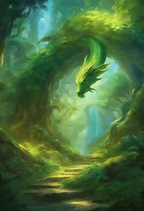 Scene reveals a forest territorial border with vines and a green dragon with powers of nature, tonalidade verde branco, azul, luz do sol, nuvens, penhasco. arte digital, conceito artistico magic the gathering.