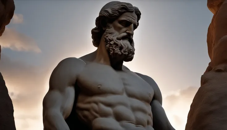 Muscular statue of the Greek philosopher, barba grande, kinematics, fondo oscuro, 8k, ultra realista, Escenario de 2,000 years ago