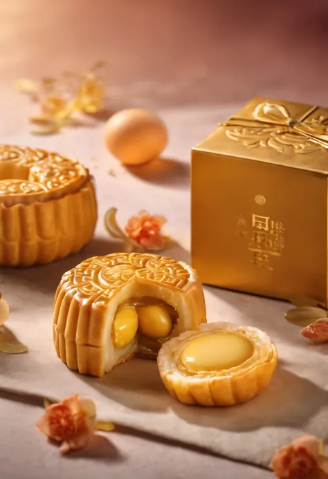 Commercial shooting, Cantonese egg yolk mooncakes, Mooncake size, poster for, Fresh style background, elegant, Booth lighting, Attractive, photorealistic colors, Ultra HD