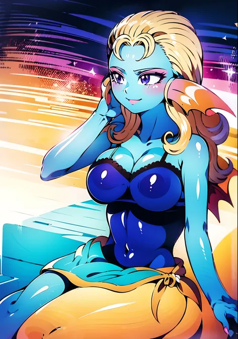 8K,High quality,Anime,married,Beautiful woman,Bright,Eye Highlights,Purple eyes,Sexy,ultra gigantic tits,oversized tits,Dark blue ,Erotic,beautiful line art. Blue skin, Blue and orange gradient fins, Dark Eye Makeup, Pink swimsuit,