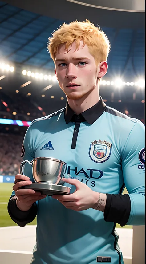 De bruyne camisa Manchester City, Holding the Champions League Cup Scenario: public square, homem bonito e loiro. olhos azuis