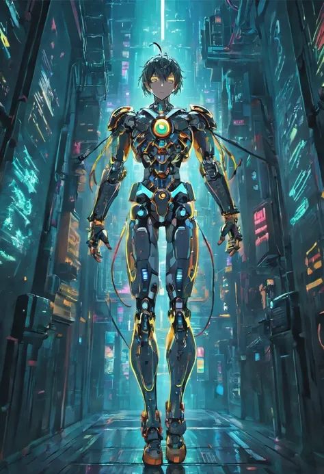 A person with mechanized body parts in the cyberpunk style stands out. His transparent skin reveals circuits and cables, while his eyes glow with colored LEDs. The limbs are a mixture of flesh and metal, with advanced prosthetics and cybernetic interfaces....