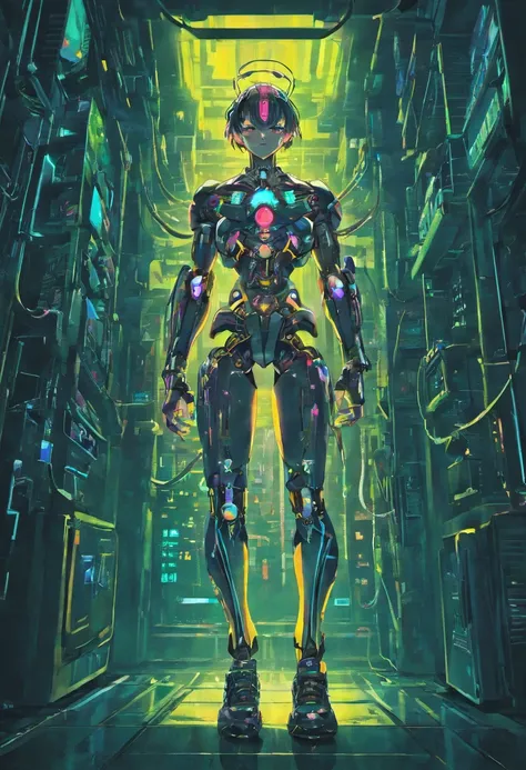 A person with mechanized body parts in the cyberpunk style stands out. His transparent skin reveals circuits and cables, while his eyes glow with colored LEDs. The limbs are a mixture of flesh and metal, with advanced prosthetics and cybernetic interfaces....