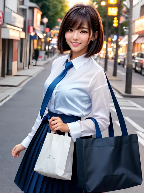 product quality, 1girl, upper body shot, front view, a Japanese young pretty woman, bob hair, walking on a street with a big smile in the evening, beautiful sunset,glamorous figure, wearing a long sleeves white collared silky shirt with shiny satin dark bl...