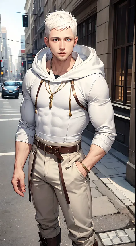 Handsome man , White hair , very Short hair, ((crew cut hair style:1 )) , Blue eyes , light skin , ((muscular:1)),masculine ,age 28 , 

Wearing a white hoodie , gold trim , a brown leather shawl , gray baggy pants , black and brown belts , black boots , br...