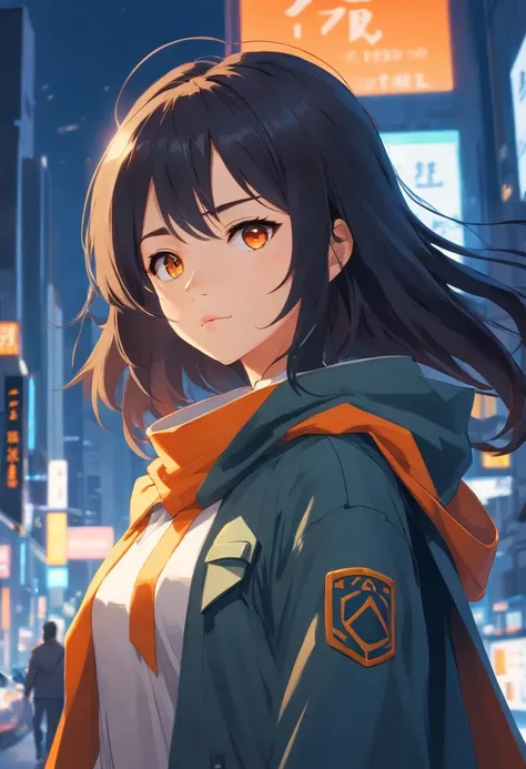 long black-haired white 17-year-old girl wear military suit, orange cape, big hazel eyes, sci-fi, dark mood, charturnerv2