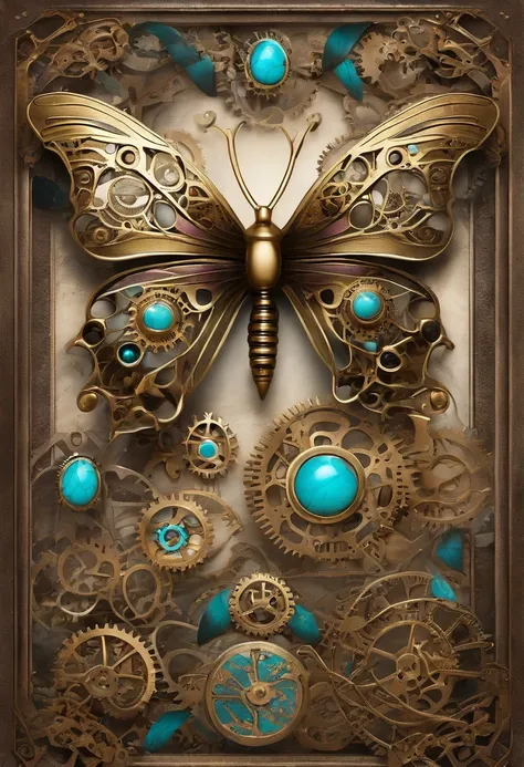 Butterfly, gold, turquoise, lavender , silver, insect, mechanical wings,gears, high def ,